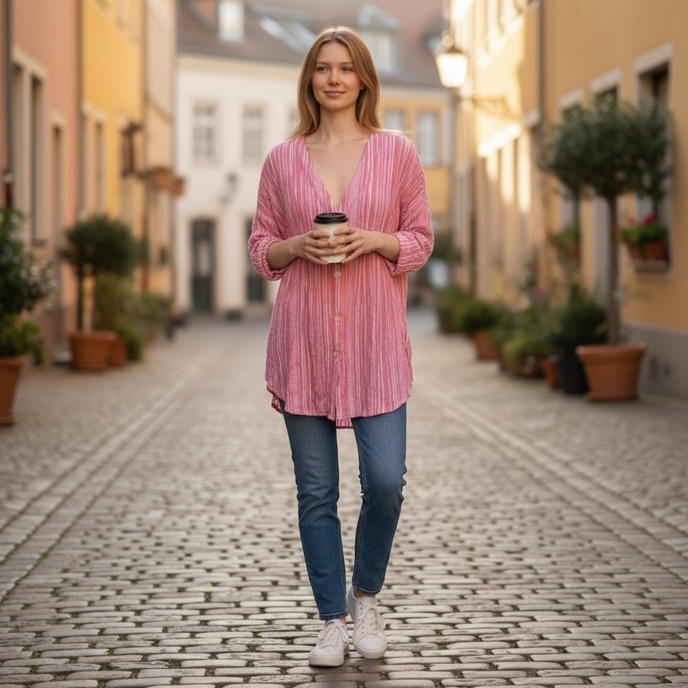 Soft Surroundings Pink Striped Button Front Tunic V-Neck Textured 2XL SFP02